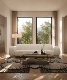 Living Room | cosy neutral reading corner with Espresso floor lamp, retro white sofa, glass center table for storage, art deco dark rug, curtain, and wood flooring
