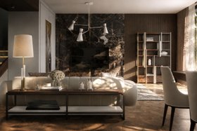 Living Room | spring/summer reading corner in cosy neutral style with Aroma console for storage, Winnow table lamp, Caffeine bookcase, retro white sofa, suspension lamp, marble wall decor, wood wall panel, and parquet flooring