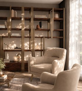 Living Room | cosy neutral reading corner with Caffeine brown wood bookcase for storage, beige armchair, and curtain
