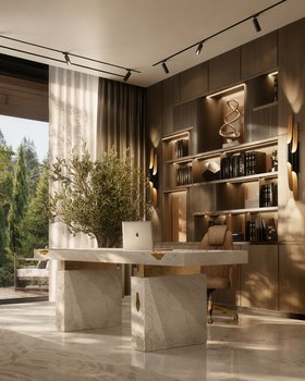 Office | brown paint home office in luxury modern style with Nougat white marble desk, bookcase for storage, retro wall lamp, office chair, vase, curtain, and marble flooring