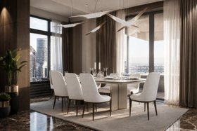 Dining Room | mid-century modern dining area for spring/summer season with Moka brown wood dining chair, tablescape, retro suspension lamp, cosy white rug, candles, curtain, vase, and marble flooring