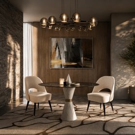 Dining Room | mid-century modern dining area for spring/summer season with white marble and smoked glass dining table, retro dining chair, gold suspension lamp, cosy neutral rug, and wall art
