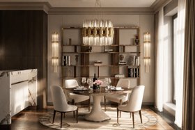 Dining Room | modern classic dining area for autumn/winter season with Moka cosy neutral dining chair, brown wood dining table, bookcase for storage, gold suspension lamp, crystal wall lamp, animal print rug, curtain, and wood flooring