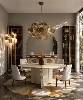 Dining Room | luxury modern dining area for spring/summer season with Moka cosy neutral dining chair, marble dining table, round rug, gold suspension lamp, floor lamp, cabinet for storage, walnut wood console table, wall mirror, and marble flooring