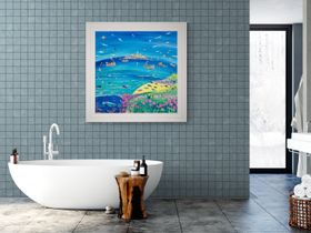 Original Painting by British Artist John Dyer 'Watching the Seals, Godrevy Lighthouse', 100x100 cm acrylic on canvas. Paintings of Cornwall by Cornish Artist John Dyer. Cornwall Art Gallery