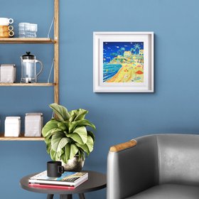 '‎⁨Summer Afternoon on Plage du Buse, Roquebrune-Cap-Martin⁩'. 12 x 12 inches acrylic on canvas. Painting of the South of France by John Dyer