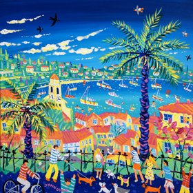 'Palm Trees and Promenades, Villefranche-sur-Mer, France', 24x24 inches acrylic on canvas. French Painting by British Artist John Dyer