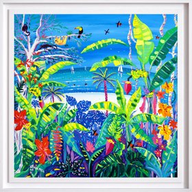 'Tropical Banana Wildlife Beach, Costa Rica', 35.5 x 35.5 inches acrylic on canvas. John Dyer Painting of the Caribbean Rainforest.