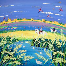 'The Spirit of the Camargue, Rice and Flamingoes, Aigues-Mortes'. 35.5 x 35.5 inches acrylic on canvas. Painting of Provence, France by John Dyer