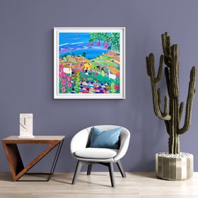 'Colourful Potato Fiesta on Taquile Island, Peru'. 35.5 x 35.5 inches acrylic on canvas. Painting of Peru by John Dyer