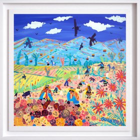 'Andean Potato Pickers, Amaru, Peru'. 24x24 inches acrylic on canvas. Paintings of Peru by John Dyer from our Online Art Gallery