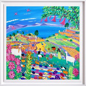 'Colourful Potato Fiesta on Taquile Island, Peru'. 35.5 x 35.5 inches acrylic on canvas. Painting of Peru by John Dyer