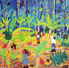 'Rainforest Banana Bonanza, Costa Rica', 24x24 inches acrylic on canvas. Tropical Costa Rica Painting by British Artist John Dyer