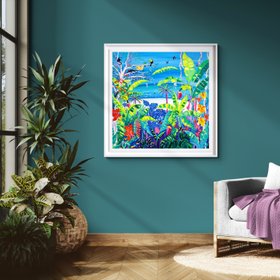 'Tropical Banana Wildlife Beach, Costa Rica', 35.5 x 35.5 inches acrylic on canvas. John Dyer Painting of the Caribbean Rainforest.