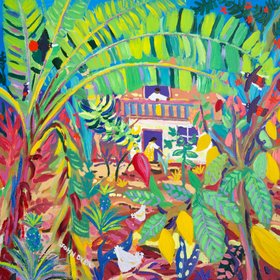 'Tropical Home Garden, Costa Rica', 24x24 inches acrylic on canvas. Tropical Costa Rica Painting by British Artist John Dyer