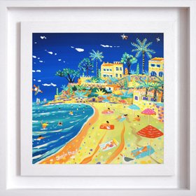 '‎⁨Summer Afternoon on Plage du Buse, Roquebrune-Cap-Martin⁩'. 12 x 12 inches acrylic on canvas. Painting of the South of France by John Dyer