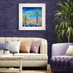 'Palm Trees and Promenades, Villefranche-sur-Mer, France', 24x24 inches acrylic on canvas. French Painting by British Artist John Dyer