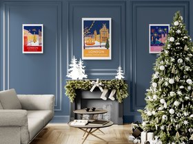 Vintage Style Travel Posters by Joanne Short in a Christmas roomset of The Natural History Museum, The British Museum and Westminster Abbey, London