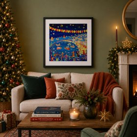 John Dyer Framed Open Edition Cornish Art Print. In a Christmas room set 'Christmas Lights, Mousehole'. Cornwall Art Gallery