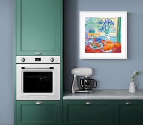 Open edition print by John Dyer in a Kitchen room set called ‘Blue Irises on a Cornish Table’