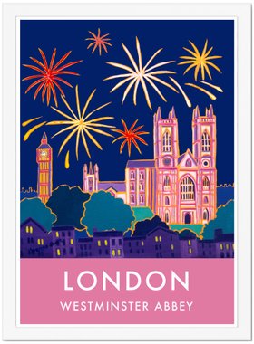 London Print of Westminster Abbey and Big Ben with Fireworks. Framed Vintage Style Poster Design by British Artist Joanne Short