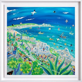 Framed Song On The Cornish Breeze At The Minack, 30 X 30 Inches Acrylic On Canvas By John Dyer in a sitting room setting