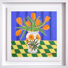 Framed Orange Tulips In A Cornish Kitchen. 12 X 12 Inches Oil On Canvas By Joanne Short