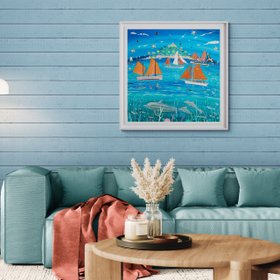 Sailing with Dolphins, Mount’s Bay', 35.5 x 35.5 inches acrylic on canvas. John Dyer Painting of St Michael's Mount, Cornwall