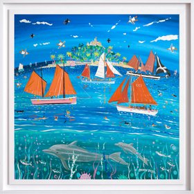 Sailing with Dolphins, Mount’s Bay', 35.5 x 35.5 inches acrylic on canvas. John Dyer Painting of St Michael's Mount, Cornwall