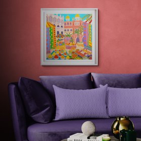 ‘Colourful India, Chandni Chowk, Old Delhi, India’. Framed 24 X 24 Inches Oil On Canvas By Joanne Short