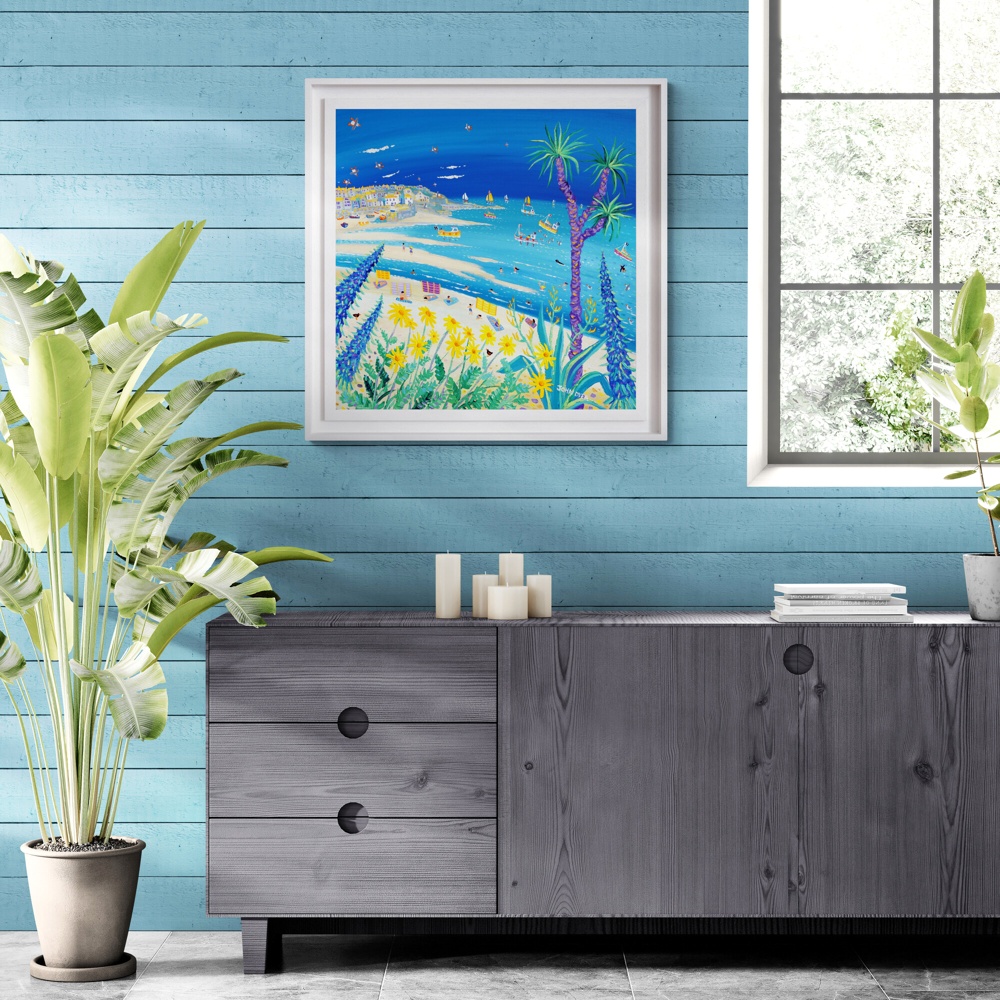 'Turquoise Tide and Cornish Light, Porthminster Beach, St Ives', 30 x 30 inches acrylic on canvas. Cornish Coastal painting by Cornish Artist John Dyer