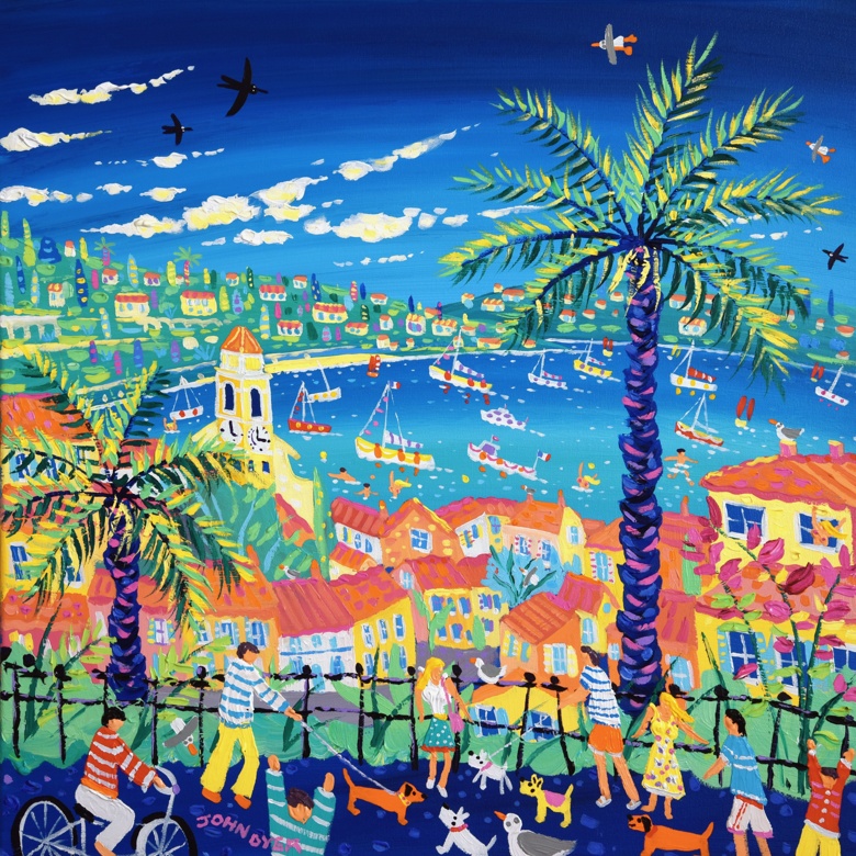 'Palm Trees and Promenades, Villefranche-sur-Mer, France', 24x24 inches acrylic on canvas. French Painting by British Artist John Dyer