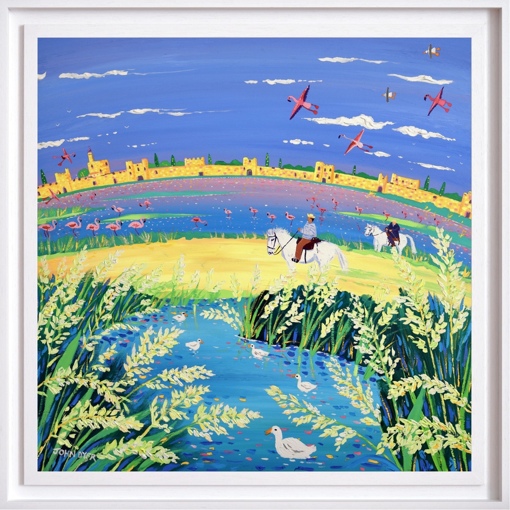 'The Spirit of the Camargue, Rice and Flamingoes, Aigues-Mortes'. 35.5 x 35.5 inches acrylic on canvas. Painting of Provence, France by John Dyer