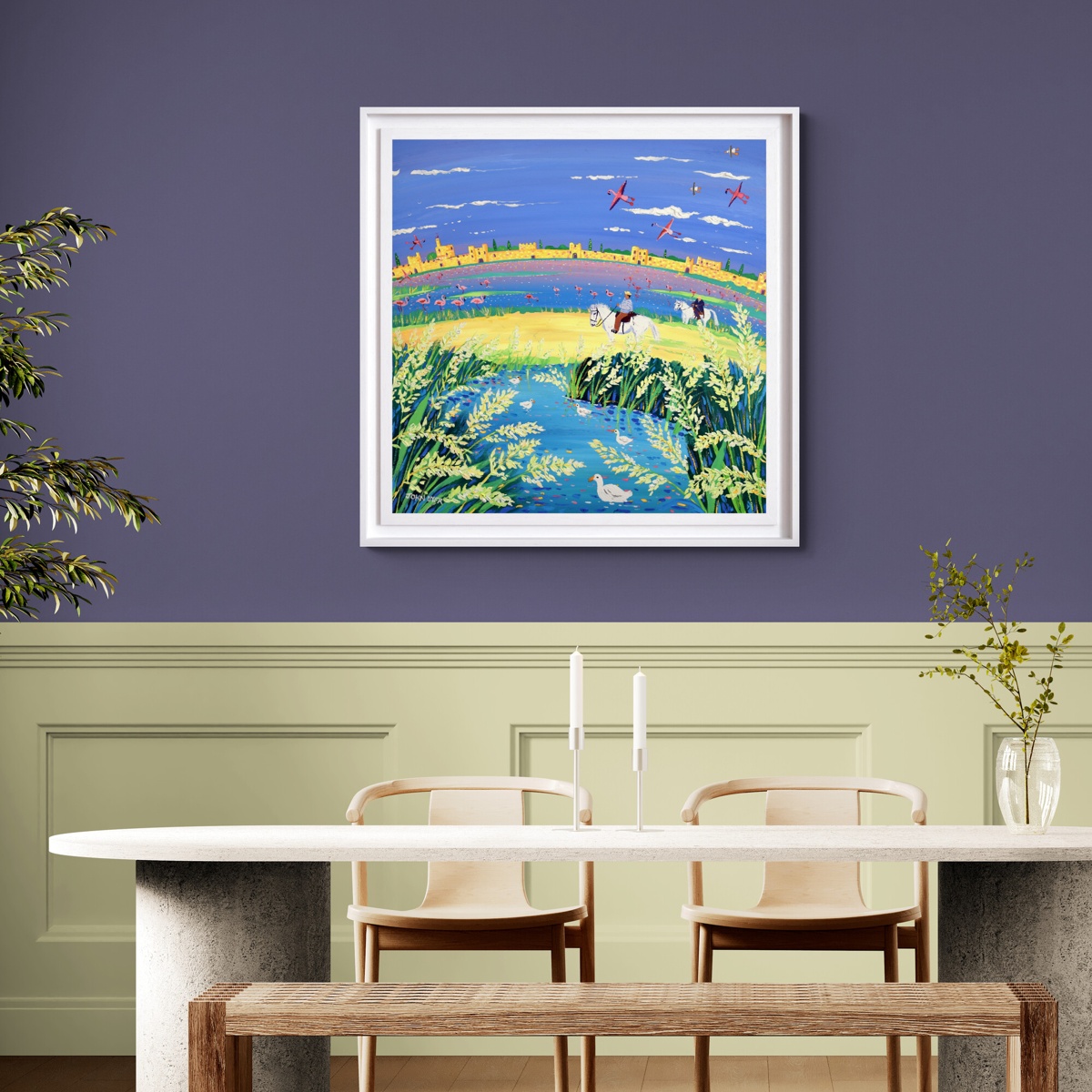 'The Spirit of the Camargue, Rice and Flamingoes, Aigues-Mortes'. 35.5 x 35.5 inches acrylic on canvas. Painting of Provence, France by John Dyer