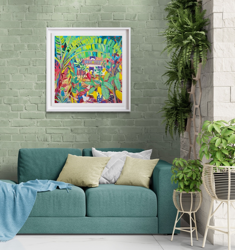 'Tropical Home Garden, Costa Rica', 24x24 inches acrylic on canvas. Tropical Costa Rica Painting by British Artist John Dyer