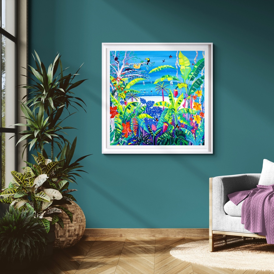 'Tropical Banana Wildlife Beach, Costa Rica', 35.5 x 35.5 inches acrylic on canvas. John Dyer Painting of the Caribbean Rainforest.