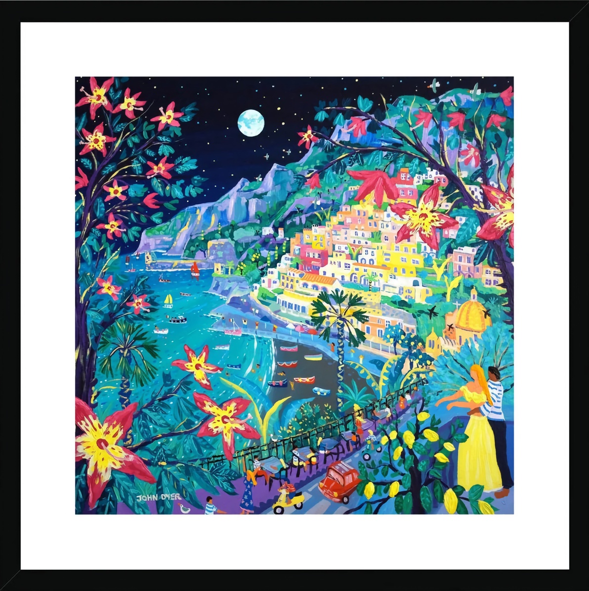 John Dyer Framed Open Edition Italian Fine Art Print. 'Love under an Italian Full Moon, Positano, Italy'