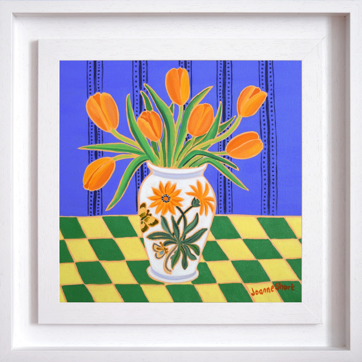 Framed Orange Tulips In A Cornish Kitchen. 12 X 12 Inches Oil On Canvas By Joanne Short
