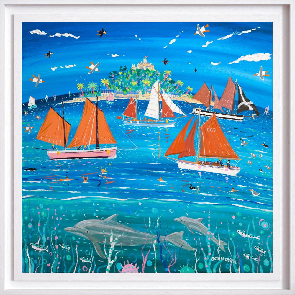 Sailing with Dolphins, Mount’s Bay', 35.5 x 35.5 inches acrylic on canvas. John Dyer Painting of St Michael's Mount, Cornwall