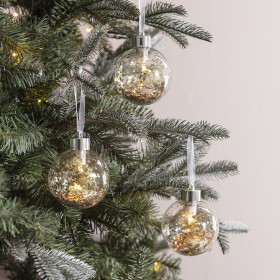 Set of 3 Rose Gold Glitter LED Baubles on Christmas Tree