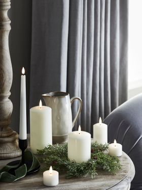Christmas Side Table Lifestyle with  Ivory Candles