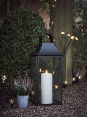 Black Lantern and Heather Pot with Fairy Lights