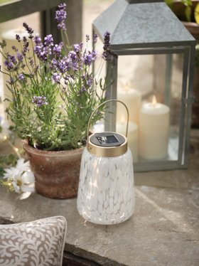 Warm Summer Greenhouse Decor with Glass Confetti Solar Lantern & TruGlow® Candles