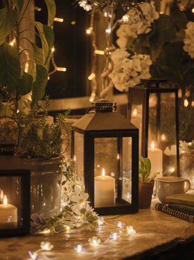 Ambient Spring Summer Garden Table with Glowing Flower Lights, Lanterns & TruGlow® Candles