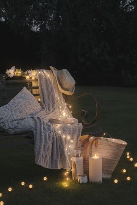 Cosy Spring Summer Garden with Glowing Fairy Lights, Bubble Stake Lights & TruGlow® Candles