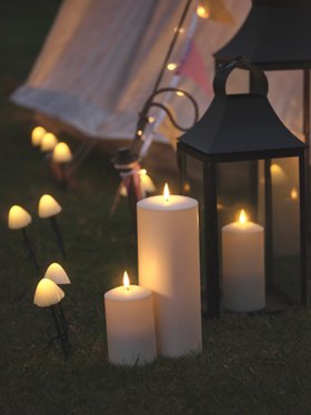 Glowing Summer Evening with Mini Mushroom Stake Lights & TruGlow® Candle
