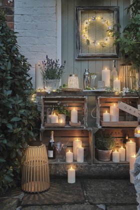 Summer Garden Dining Lifestyle with TruGlow® Candles, Lanterns & Light Up Flower Wreath