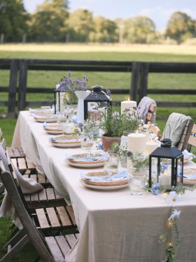 Summer Garden Table Decorations with Black Lanterns, TruGlow® Candles & Flower Garland