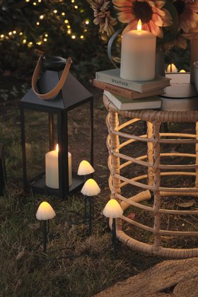 Spring Evening Side Table with TruGlow® Outdoor Candles, Black Garden Lantern & Mushroom Stake Lights