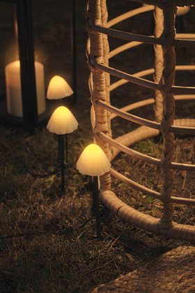 Glowing Spring Garden Evening Lifestyle with Mushroom Stake Lights